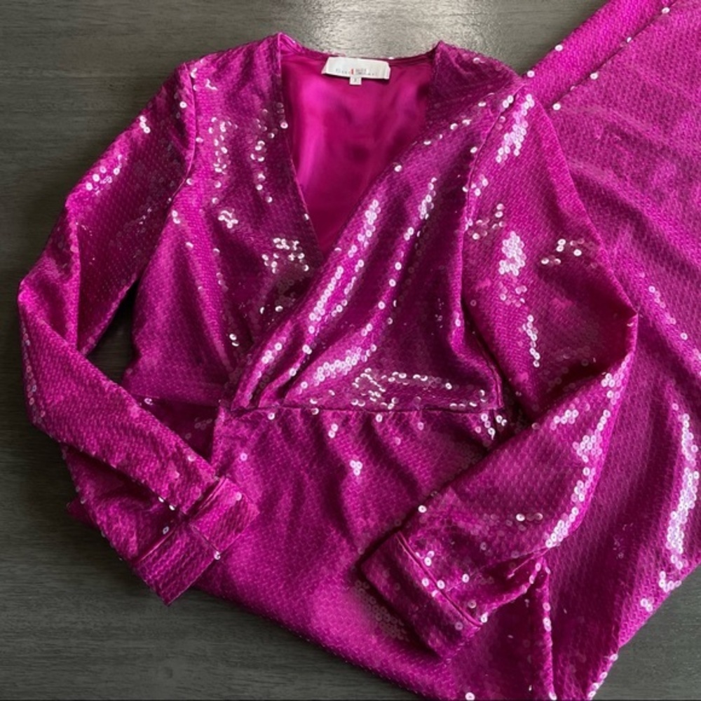 💛 Fleur Du Mal Designer Prom Pink Sequin Wrap Gown With Slit And Long Sleeves - Picture 15 of 15